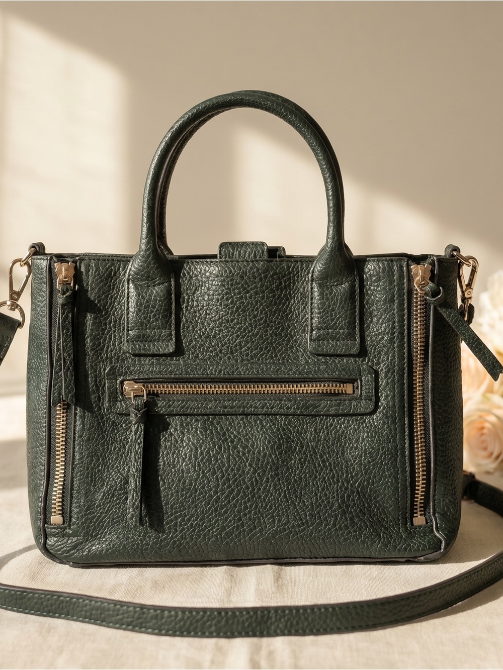Dark Green Leather Satchel Handbag